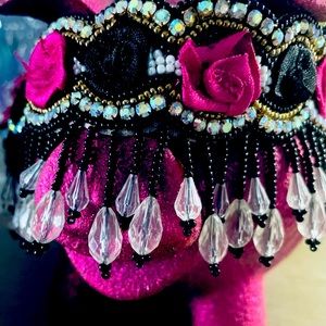 2piece Fuchsia Roses🌹 STATEMENT choker blk pink, fabric, beads, rhinestones NWT